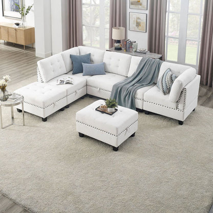 L shape Modular Sectional Sofa,DIY Combination,includes Three Single Chair, Two Corner and Two Ottoman,Ivory Chenille