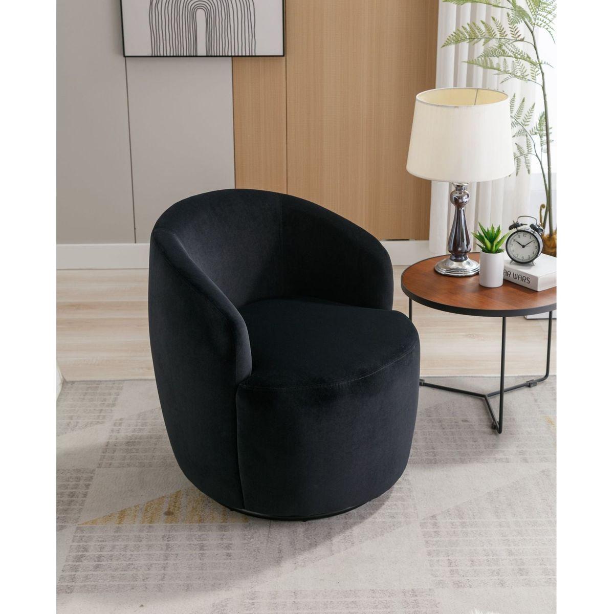 Velvet Fabric Swivel Accent Armchair Barrel Chair With Black Powder Coating Metal Ring,Black