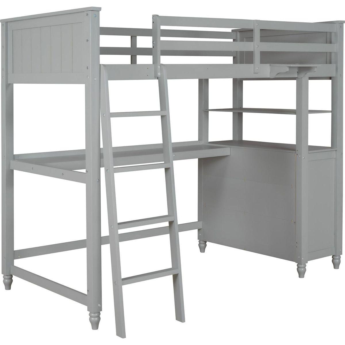 Twin size Loft Bed with Drawers and Desk, Wooden Loft Bed with Shelves - Gray