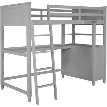 Twin size Loft Bed with Drawers and Desk, Wooden Loft Bed with Shelves - Gray