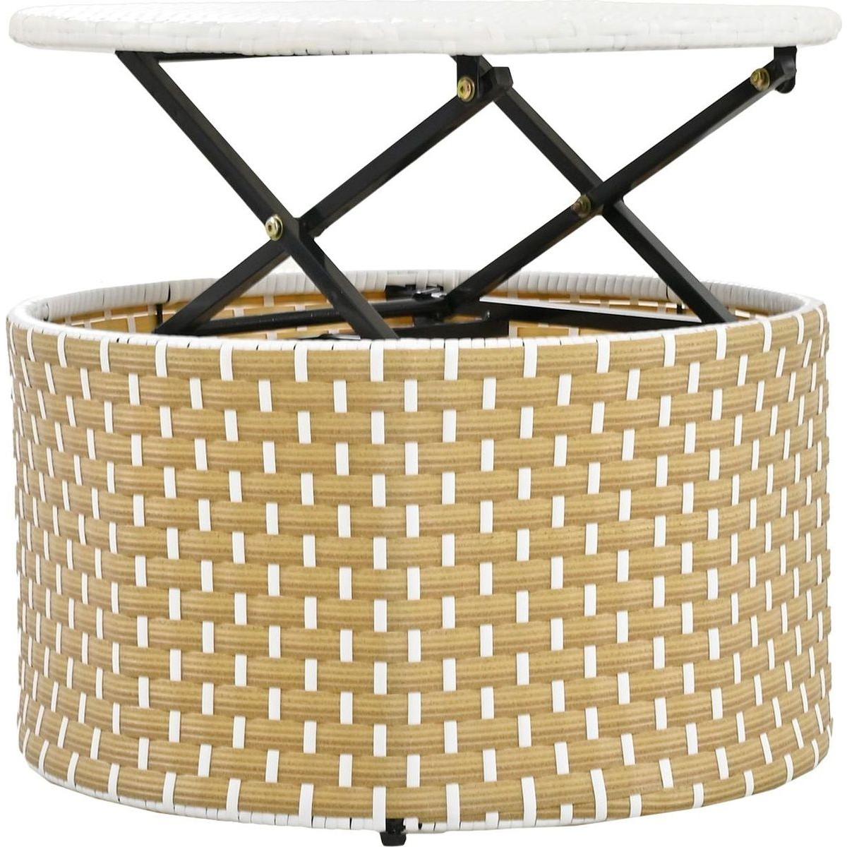 Patio Furniture Round Outdoor Sectional Sofa Set Rattan Daybed Two-Tone Weave Sunbed with Retractable Canopy, Separate Seating and Removable Cushion, Beige