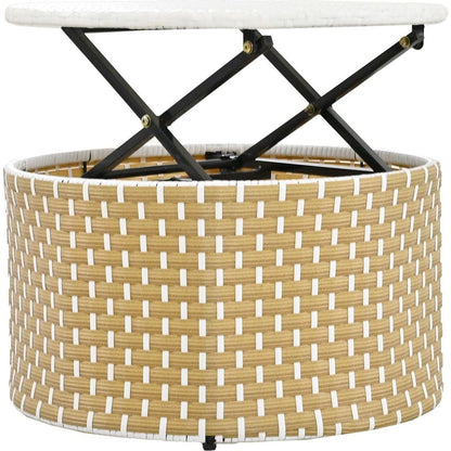 Patio Furniture Round Outdoor Sectional Sofa Set Rattan Daybed Two-Tone Weave Sunbed with Retractable Canopy, Separate Seating and Removable Cushion, Beige