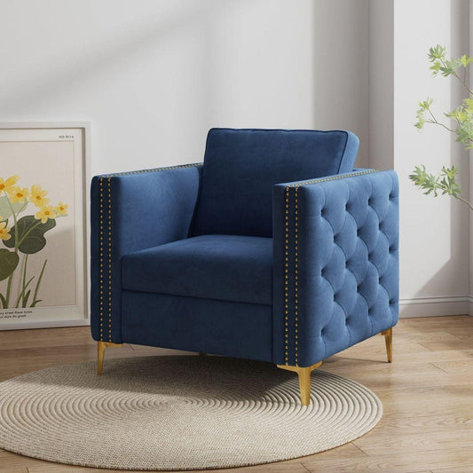 Accent Chair for Living Room Upholstered Arm Chair with Metal Legs Navy Blue Velvet