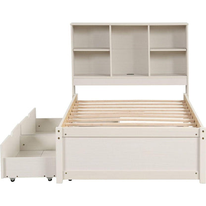 Modern Twin Size Bed Frame With Built-in USB Port on Bookcase Headboard and 2 Drawers for White Washed Color
