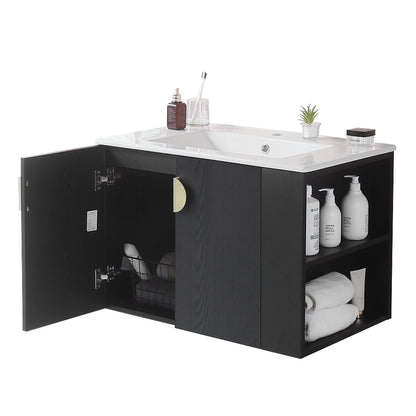 30" Bathroom Vanity with Sink,with two Doors Cabinet Bathroom Vanity Set with Side right Open Storage Shelf,Solid Wood,Excluding faucets,Black