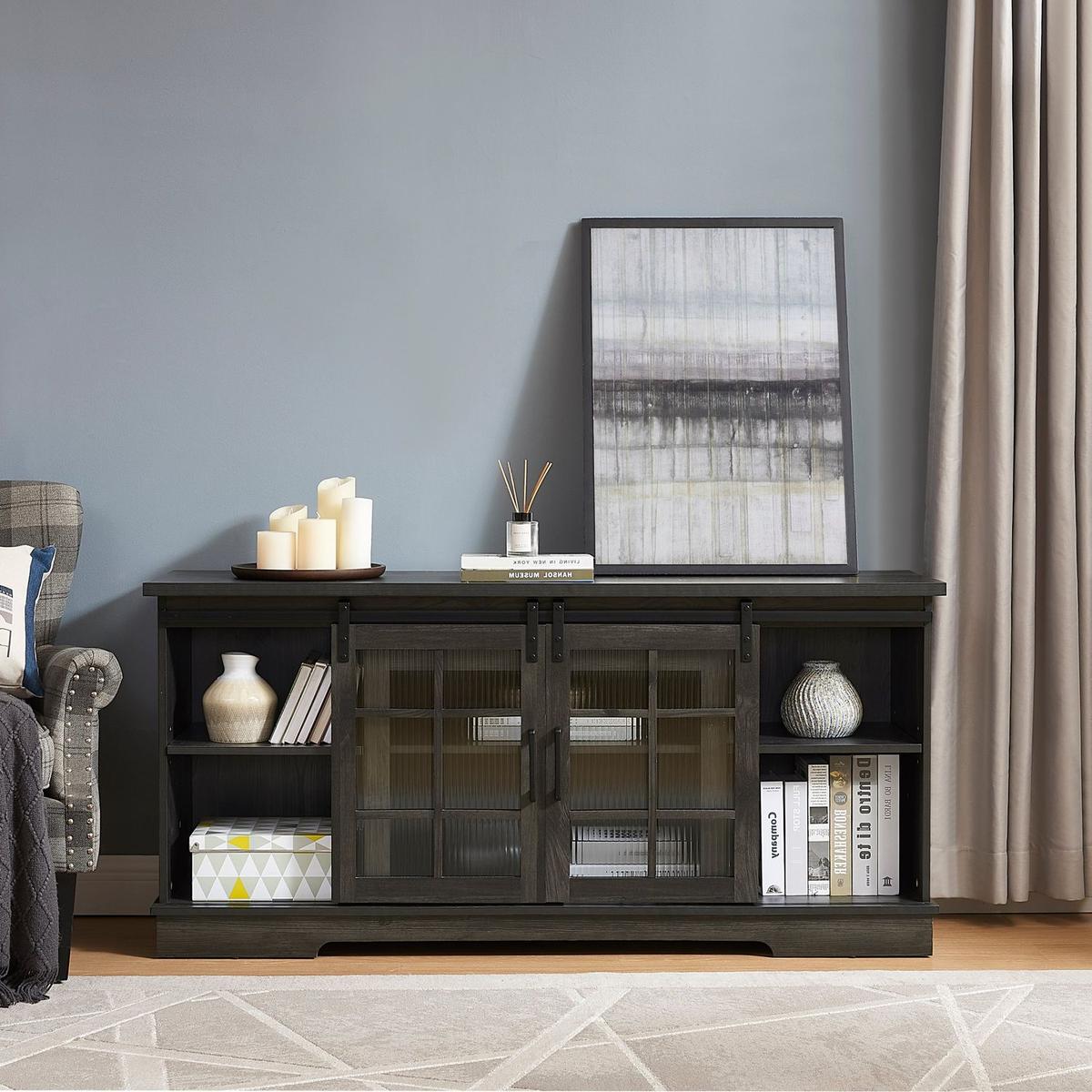 Multipurpose Sliding Door TV Stand Large Storage Cabinet with 2 Sliding Fluted Glass Tempered Doors, TV Up to 65", TV Desk Storage Rack, Charcoal GREY, 59.13"Wx15.94"Dx27.8"H