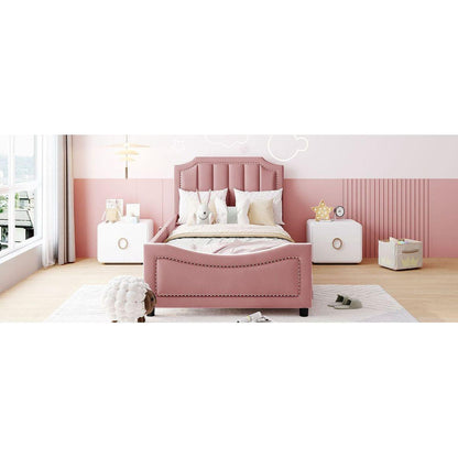 Twin Size Upholstered Daybed with Classic Stripe Shaped Headboard, Pink