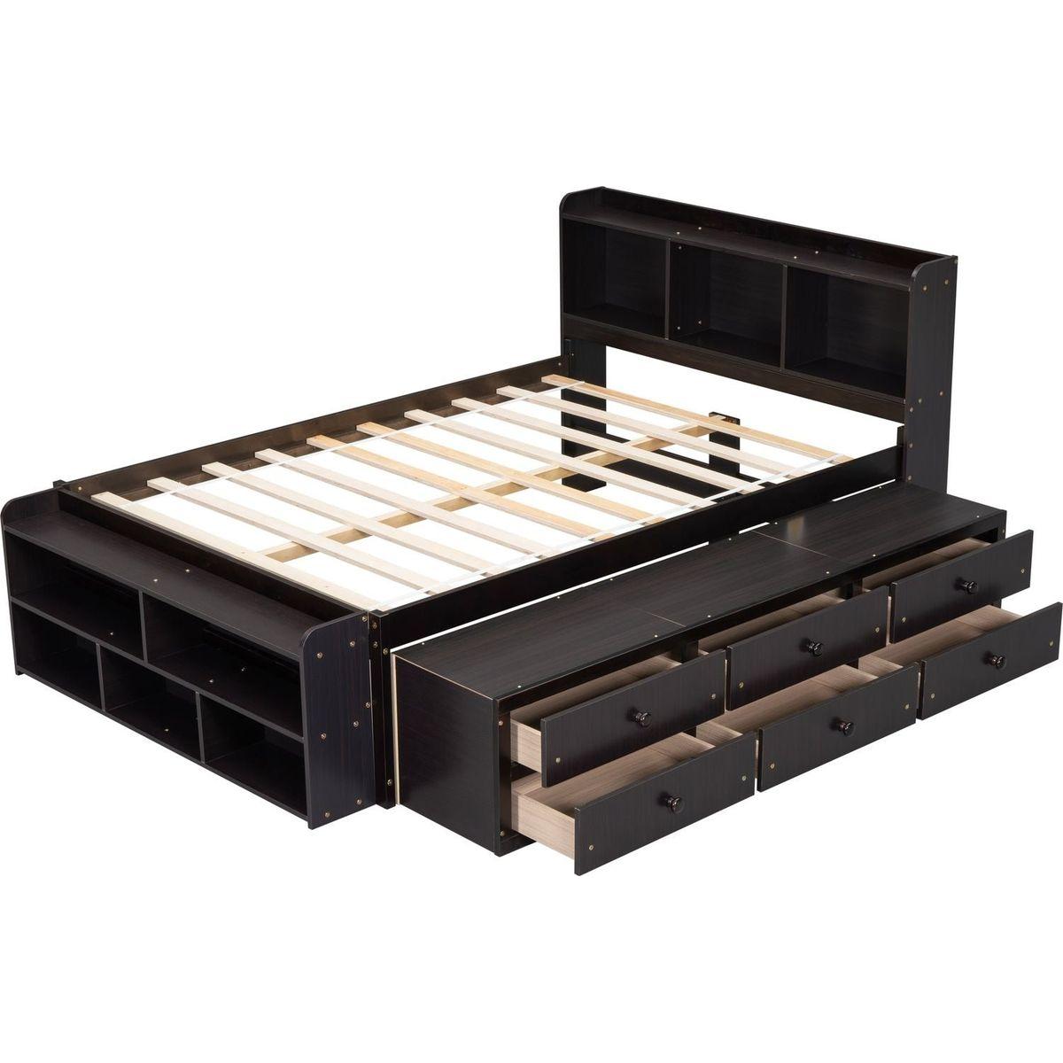 Full Bed with Bookcase Headboard, Under bed Storage Drawers and Bed End Storage Case,Espresso