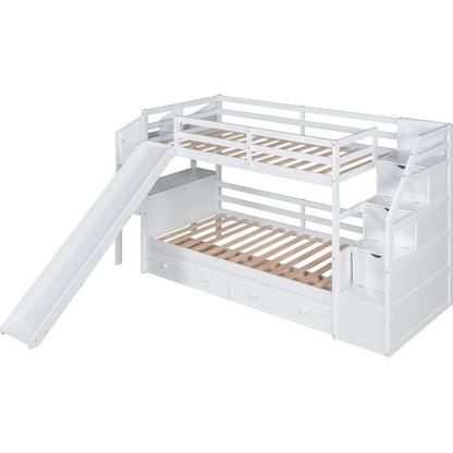Twin over Twin Bunk Bed with Storage Staircase, Slide and Drawers, Desk with Drawers and Shelves, White