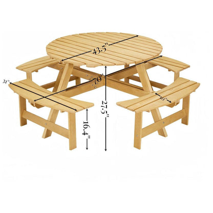 Outdoor 8 Person Picnic Table, 8 person Round Picnic Table with 4 Built-in Benches, Umbrella Hole, Outside Table and Bench Set for Garden, Backyard, Porch, Patio, Natural