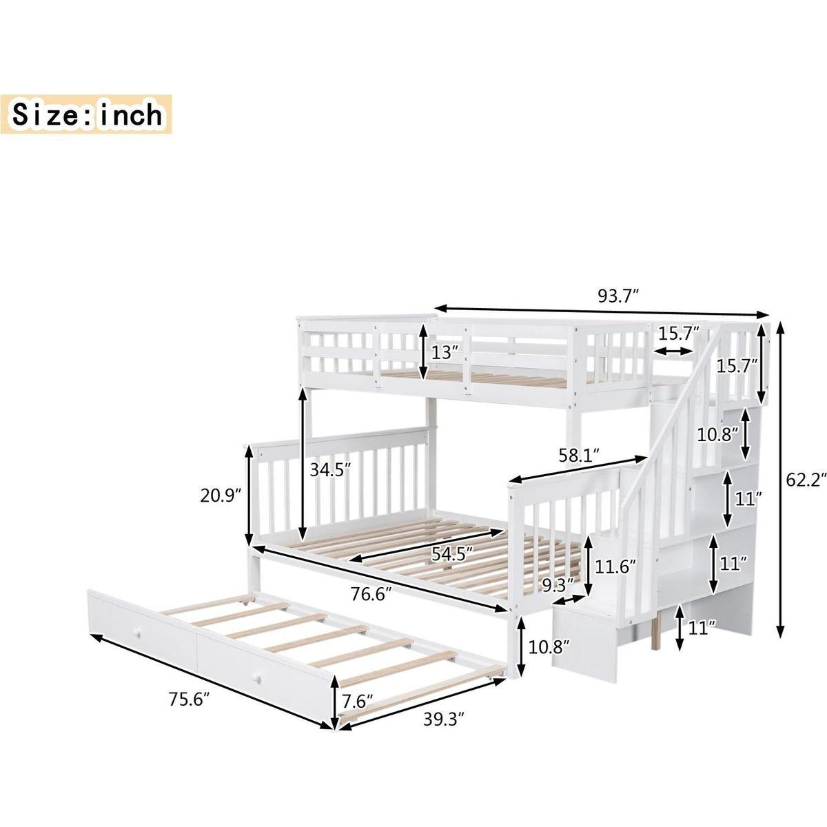 Twin-Over-Full Bunk Bed with Twin size Trundle, Storage and Guard Rail for Bedroom, Dorm, for Adults, White