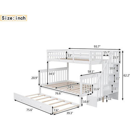 Twin-Over-Full Bunk Bed with Twin size Trundle, Storage and Guard Rail for Bedroom, Dorm, for Adults, White
