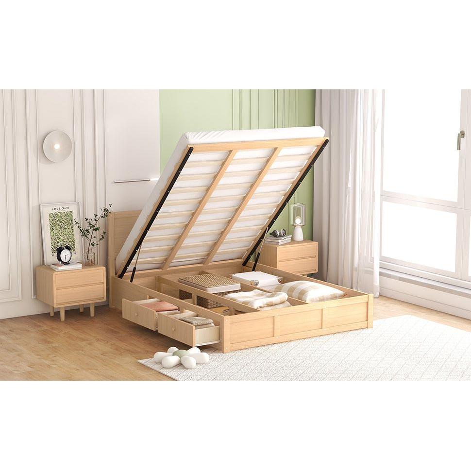 Queen Size Wood Platform Bed with Underneath Storage and 2 Drawers, Wood Color