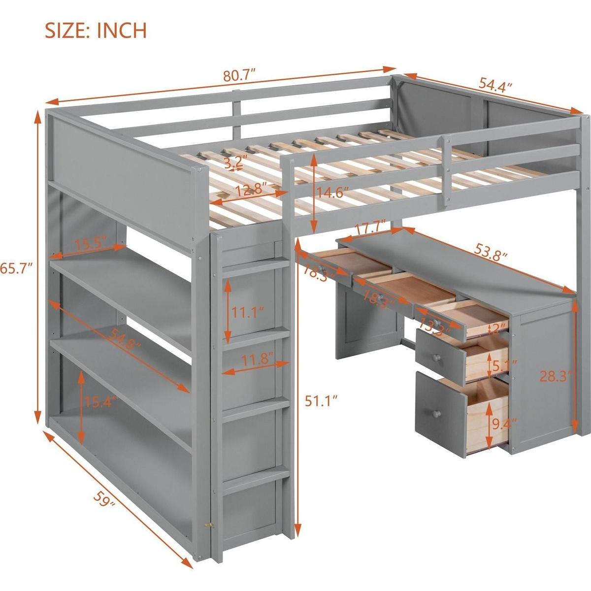 Full Size Loft Bed with Ladder, Shelves, and Desk, Gray