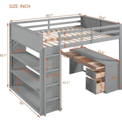 Full Size Loft Bed with Ladder, Shelves, and Desk, Gray