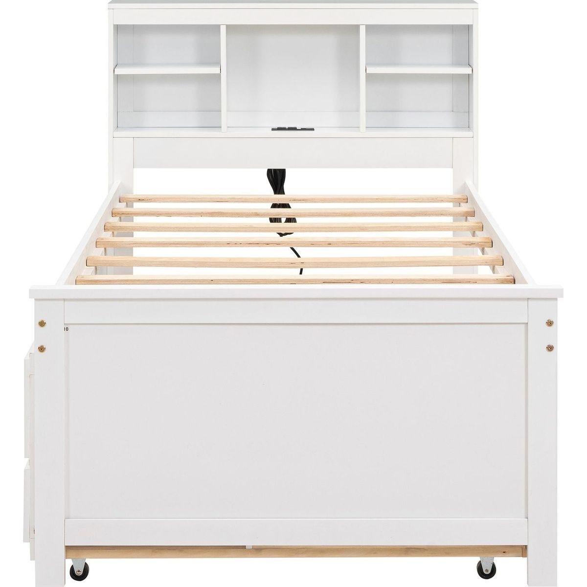 Twin Size Platform Bed with Storage Headboard, USB, Twin Size Trundle and 3 Drawers, White