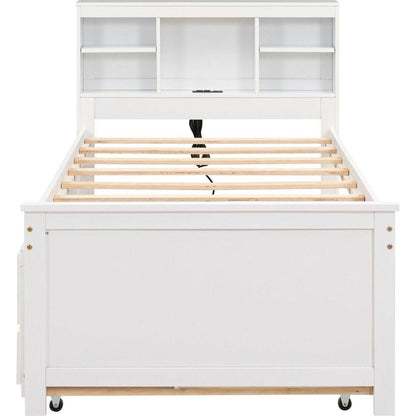 Twin Size Platform Bed with Storage Headboard, USB, Twin Size Trundle and 3 Drawers, White