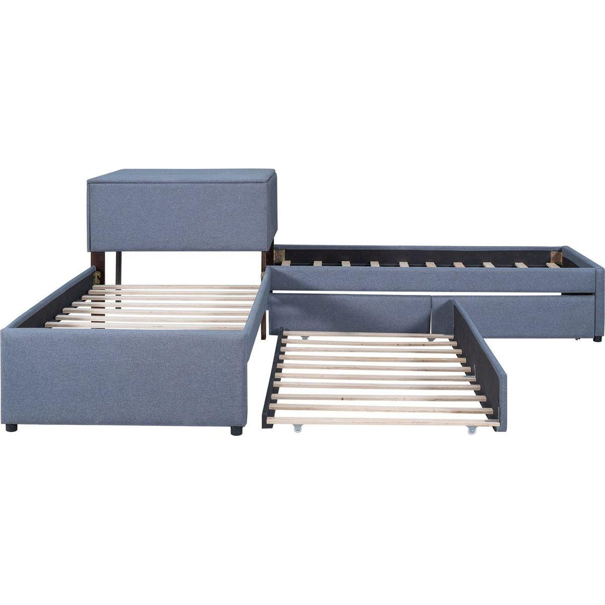 L-shaped Upholstered Platform Bed with Trundle and Two Drawers Linked with built-in Desk,Twin,Gray