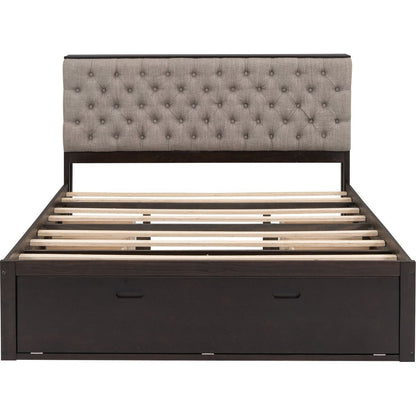 Wood Queen Size Platform Bed with Storage Headboard, shoe rack and 4 drawers,Espresso