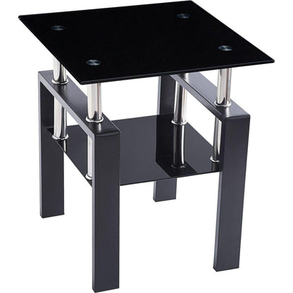 2-Piece Tempered Black Glass Sofa Table, Black Noghtstand with Metal Leg for Living Room