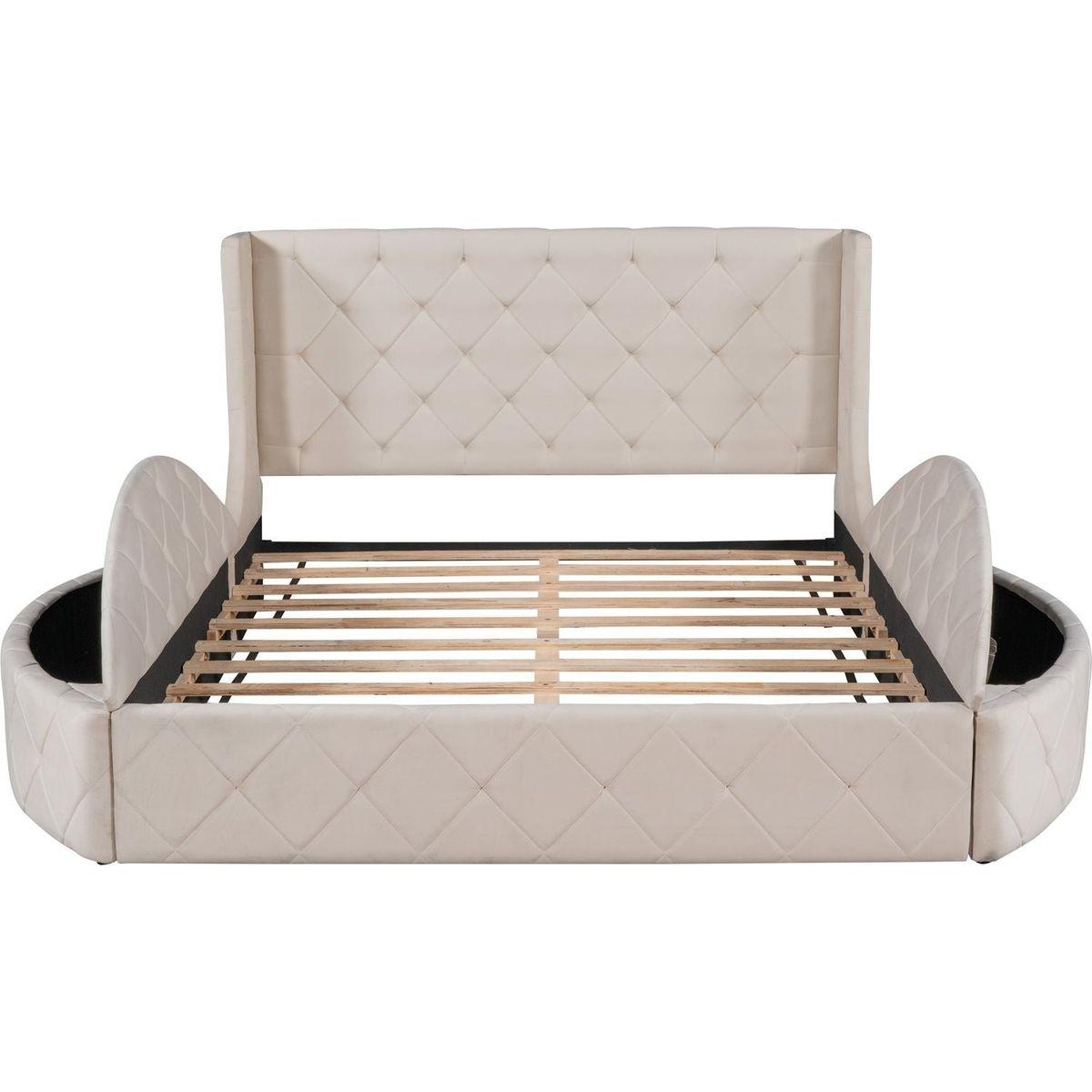 Upholstered Platform Bed Queen Size Storage Velvet Bed with Wingback Headboard and 1 Big Drawer,2 Side Storage Stool(Beige)