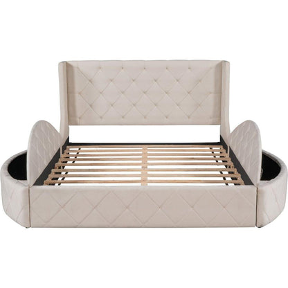 Upholstered Platform Bed Queen Size Storage Velvet Bed with Wingback Headboard and 1 Big Drawer,2 Side Storage Stool(Beige)