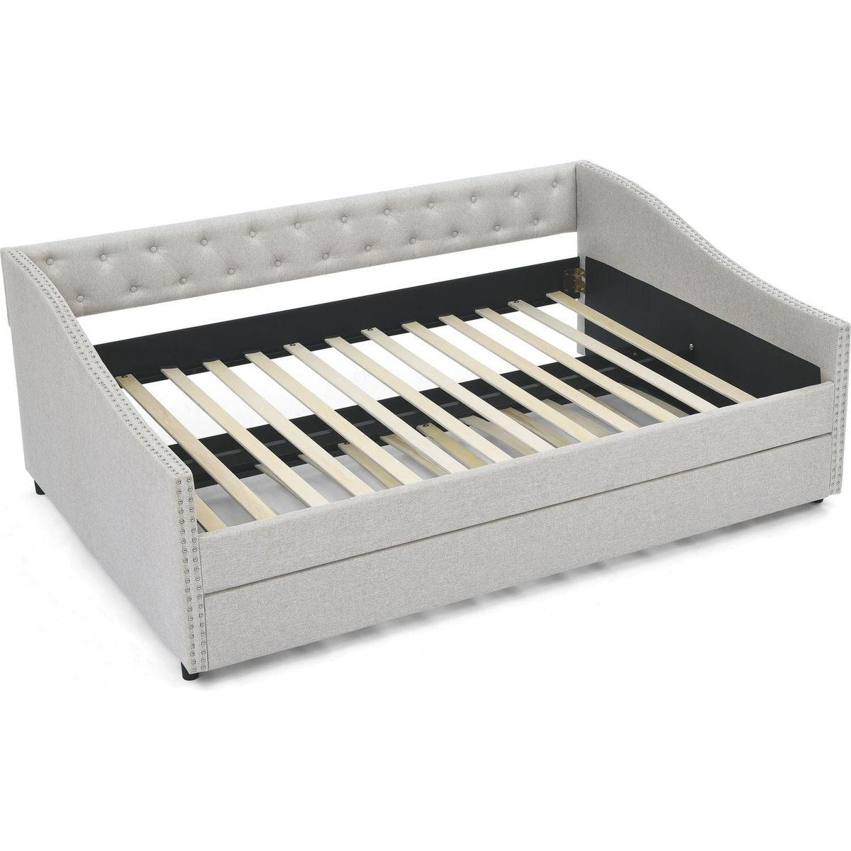 Full Size Daybed with Twin Size Trundle Upholstered Tufted Sofa Bed, with Button on Back and Copper Nail on Waved Shape Arms,Beige (80.5"x55.5"x27.5")
