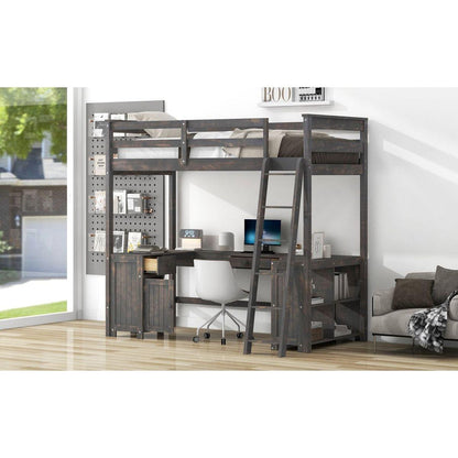 Twin Size Loft Bed with U-shaped Desk, Drawers and Storage Shelves, Antique Brown