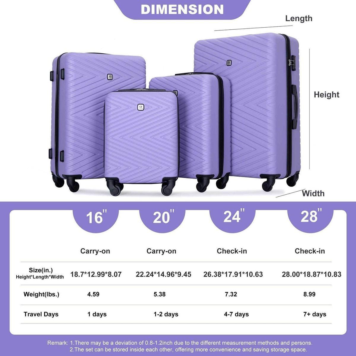 luggage 4-piece ABS lightweight suitcase with rotating wheels, 24 inch and 28 inch with TSA lock, (16/20/24/28) LIGHT PURPLE