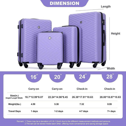 luggage 4-piece ABS lightweight suitcase with rotating wheels, 24 inch and 28 inch with TSA lock, (16/20/24/28) LIGHT PURPLE