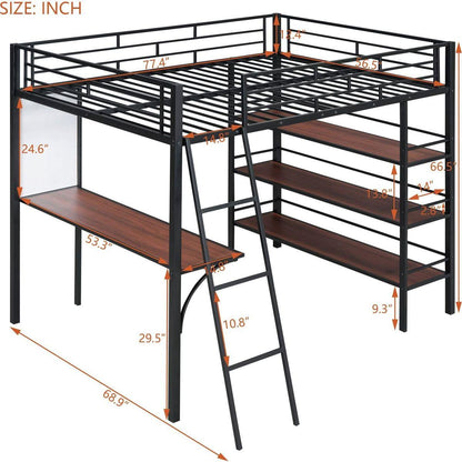 Full Size Loft Metal Bed with 3 Layers of Shelves and Desk, Stylish Metal Frame Bed with Whiteboard, Black