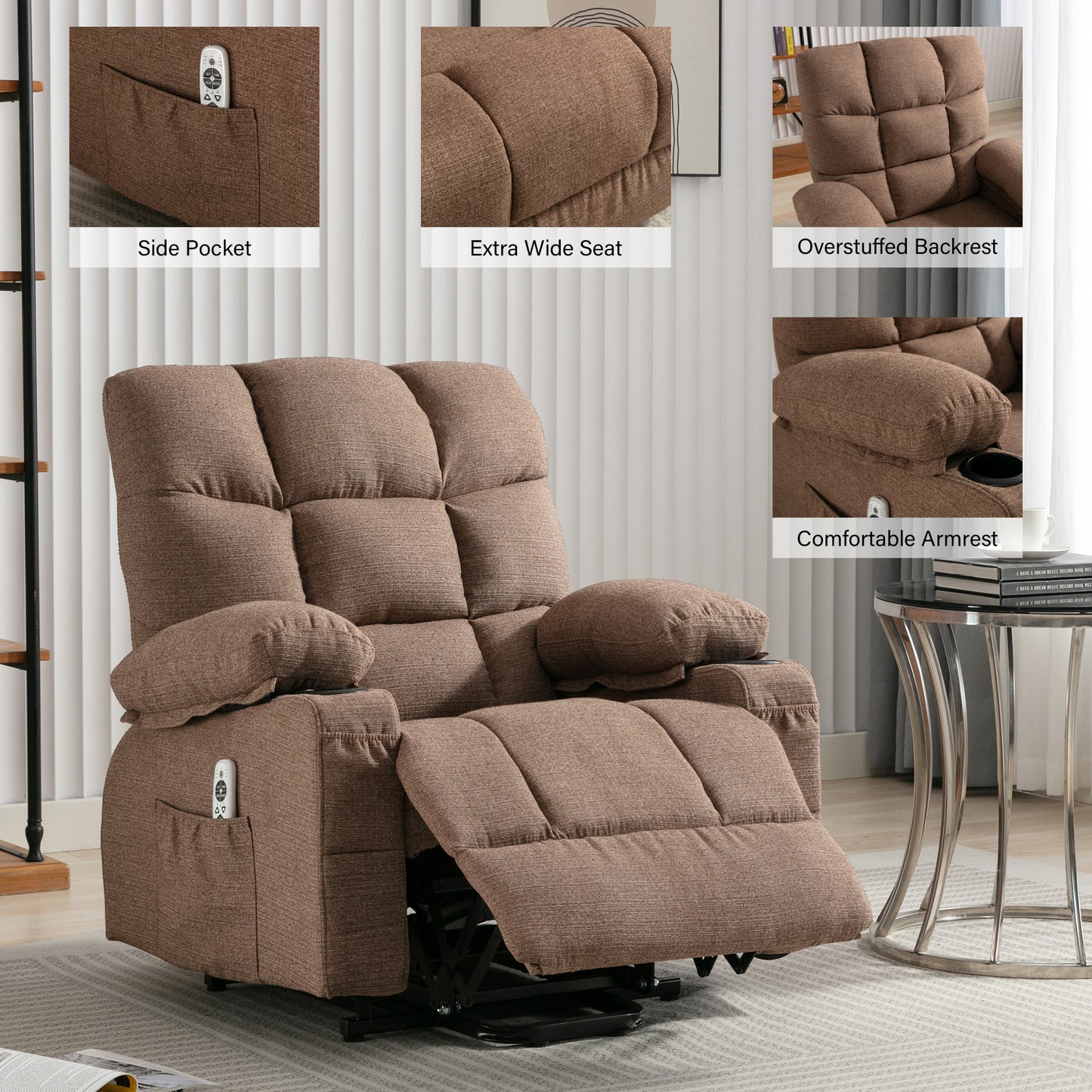 Power Lift Recliner Chair Recliners for Elderly with Heat and Massage Recliner Chair for Living Room with Infinite Position and Side Pocket,USB Charge Port.BROWN