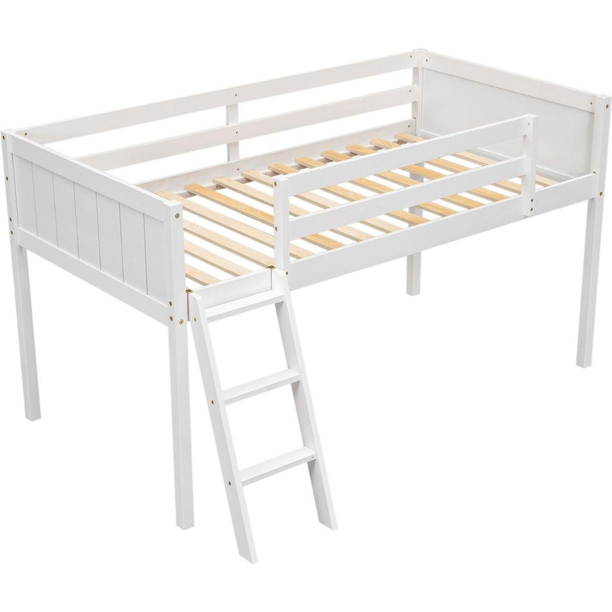 Twin Size Wood Low Loft Bed with Ladder, ladder can be placed on the left or right, White