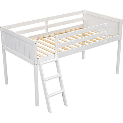 Twin Size Wood Low Loft Bed with Ladder, ladder can be placed on the left or right, White