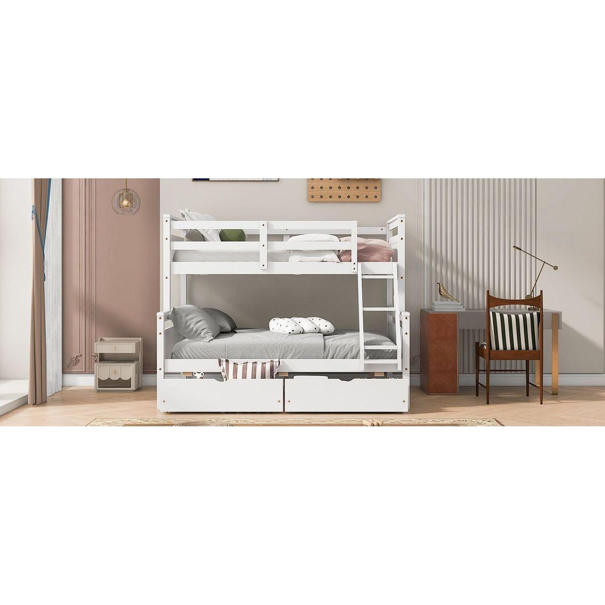 Twin over Full Bunk Bed with Ladder, Two Storage Drawers, Safety Guardrail, White