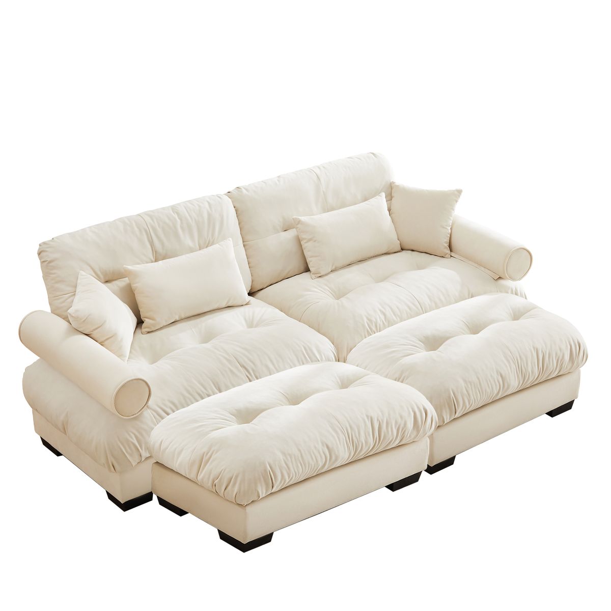 Over Size Modern Velvet Two-Seater Sofa with Ottoman and Round Bolster Armrests, Cream