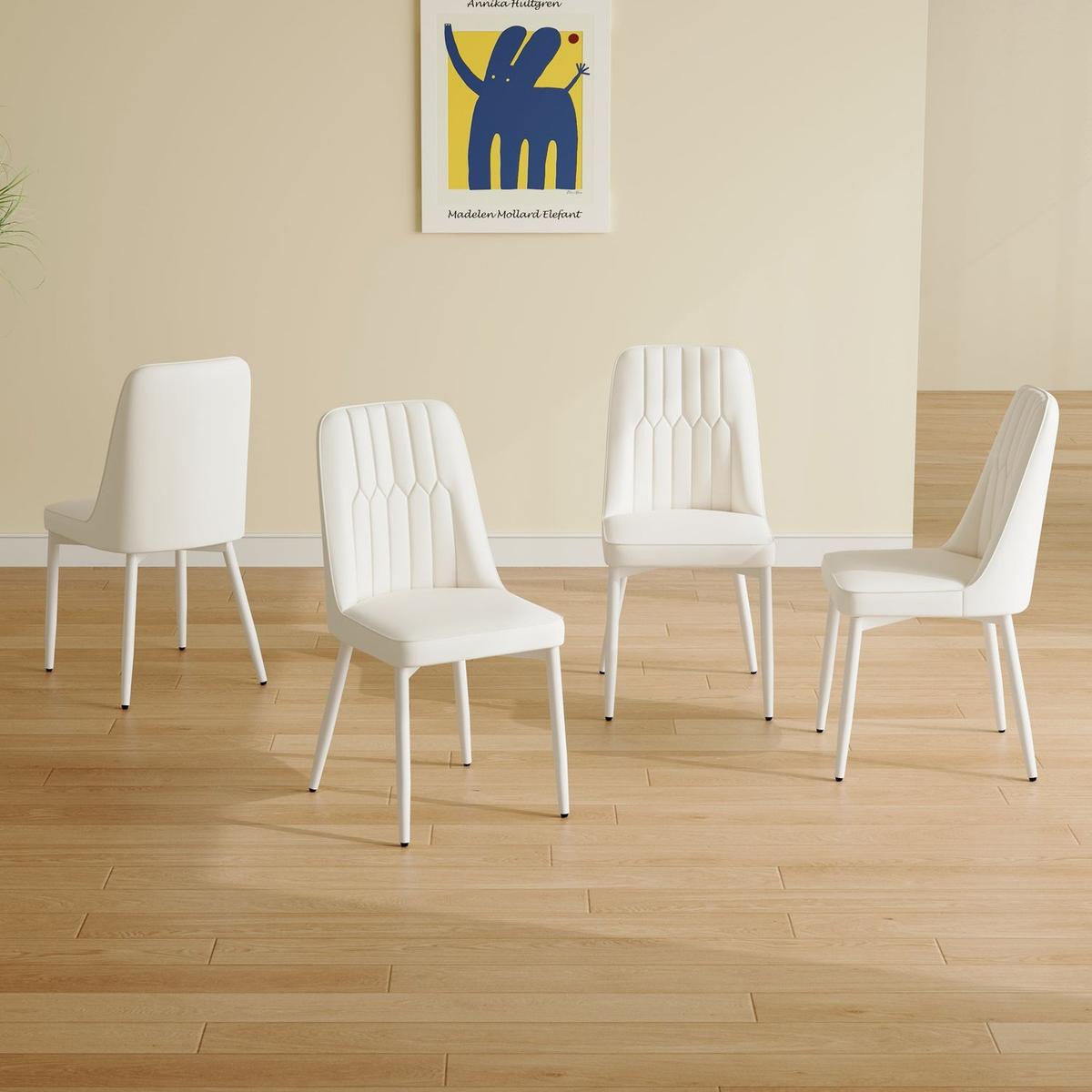 White dining chairs and living room chairs. Metal legs provide strong support, suitable for kitchens, living rooms, and restaurants.