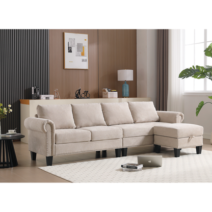 Convertible Sectional Sofa with Storage,L-shaped sofa,Four-seater sofa,Modern Linen Fabric Sectional Couches for Living Room, Beige