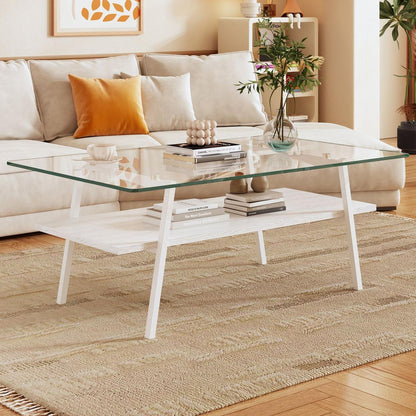 Rectangle Coffee Table, Tempered Glass Tabletop with White Metal Legs, Modern Table for Living Room, Transparent Glass