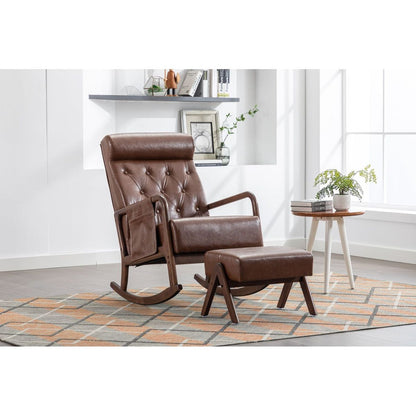 Rocking Chair With Ottoman, Mid-Century Modern Upholstered Fabric Rocking Armchair, Rocking Chair Nursery with Thick Padded Cushion, High Backrest Accent Glider Rocker Chair for Living Room