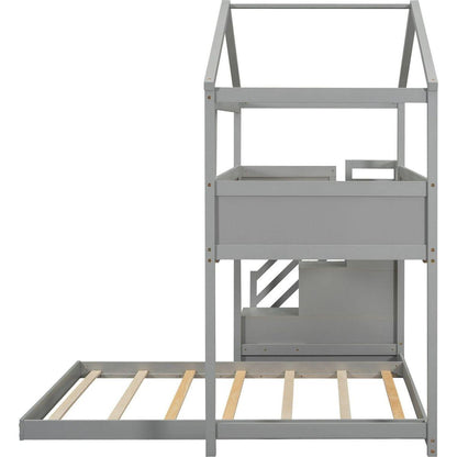 Twin over Full House Bunk Bed with Storage Staircase and Blackboard,Gray