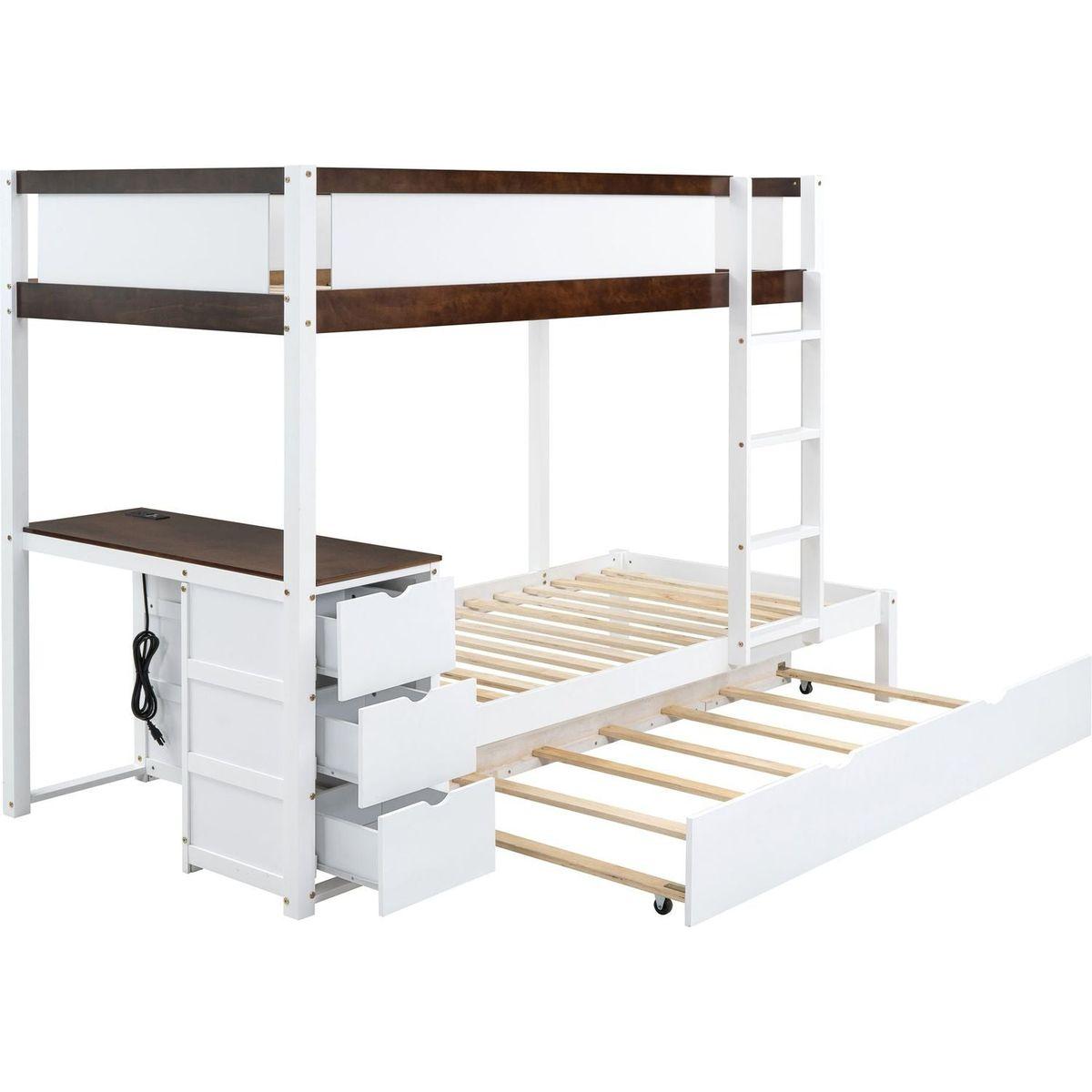 Twin-Over-Twin Bunk Bed with Twin size Trundle, Storage and Desk, White+Walnut
