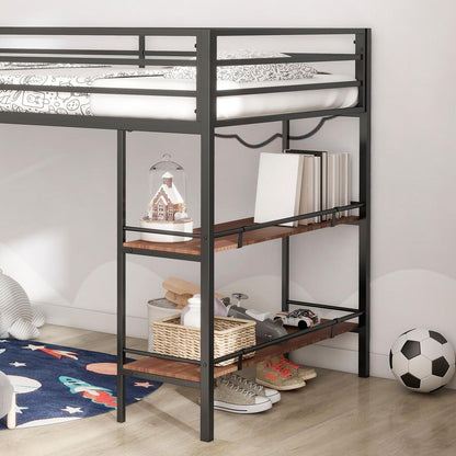 Adam sturdy junior twin loft bunk black with Cinnamon wood shelf for kids with easy climbing ladder, space saving