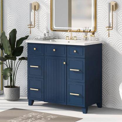 36" Bathroom Vanity Cabinet with Sink Top Combo Set, Navy Blue, Single Sink, Shaker Cabinet with Soft Closing Door and Drawer