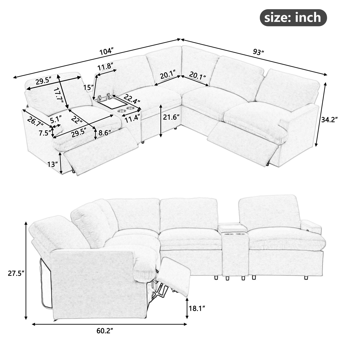 104" Power Recliner Corner Sofa Home Theater Reclining Sofa Sectional Couches with Storage Box, Cup Holders, USB Ports and Power Socket for Living Room, Dark Grey