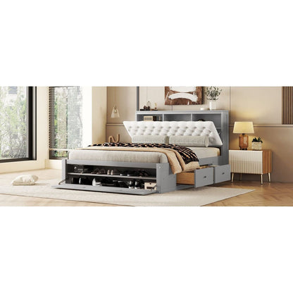 Wood Queen Size Platform Bed with Storage Headboard, shoe rack and 4 drawers,Gray