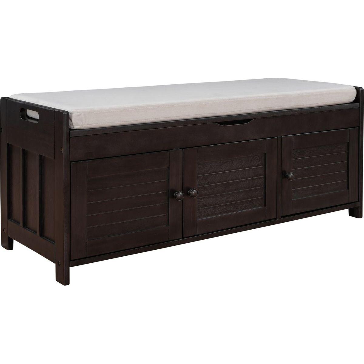 Storage Bench with 3 Shutter-shaped Doors, Shoe Bench with Removable Cushion and Hidden Storage Space (Espresso