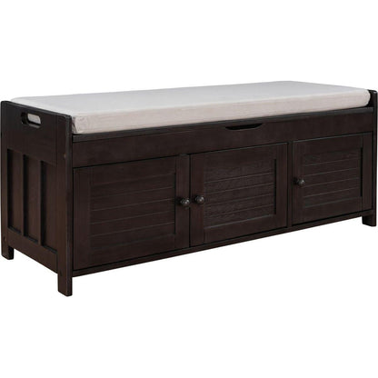 Storage Bench with 3 Shutter-shaped Doors, Shoe Bench with Removable Cushion and Hidden Storage Space (Espresso