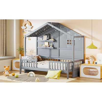 Twin Size House Bed with Shelves, House Bed with Window and Sparkling Light Strip on the Roof, Gray