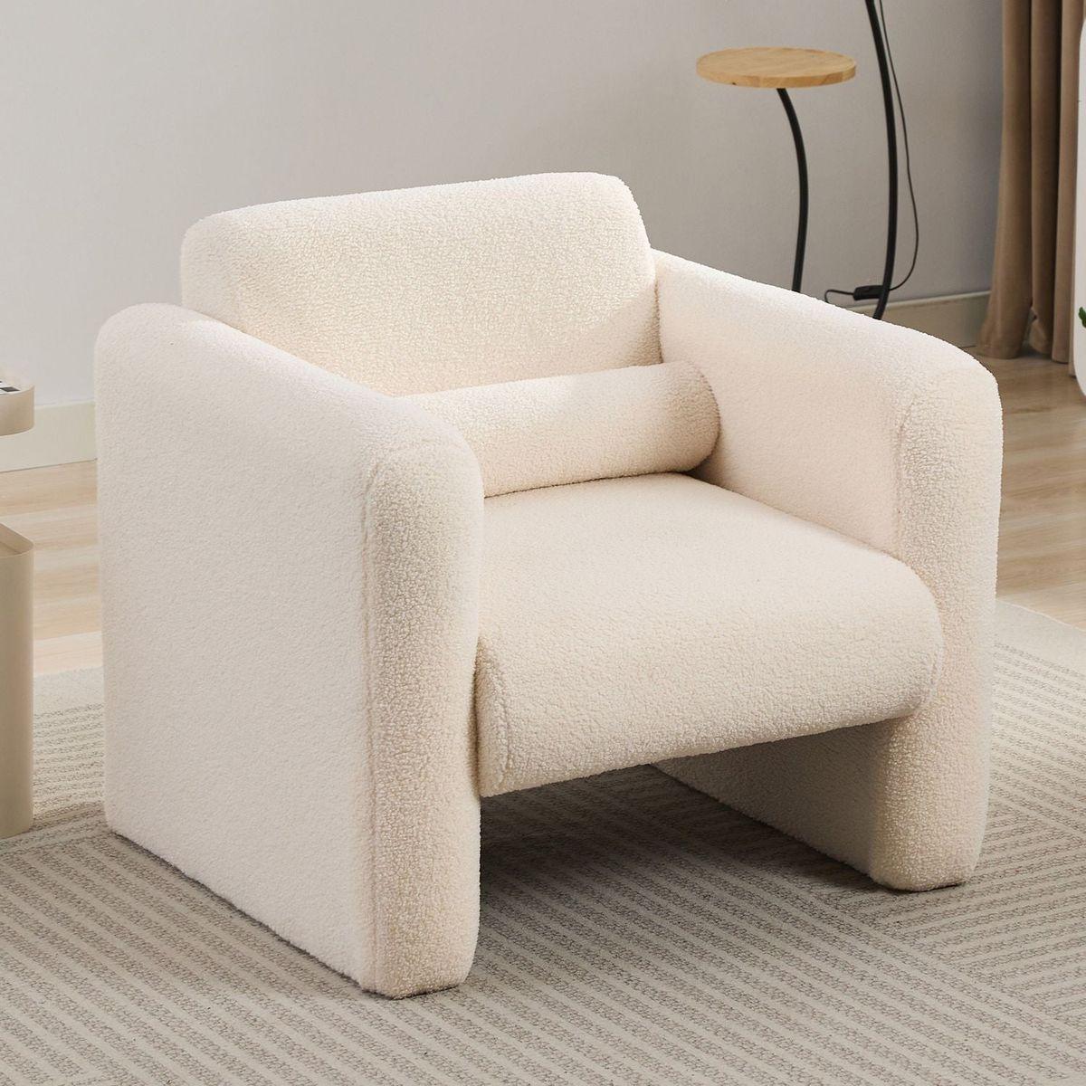 Modern Accent Chair Lambskin Sherpa Fabric Upholstered Comfy Reading Arm Chair Soft Padded Armchair with Back and Pillow for Living Room Bedroom Reception Waiting Room Office, Cream